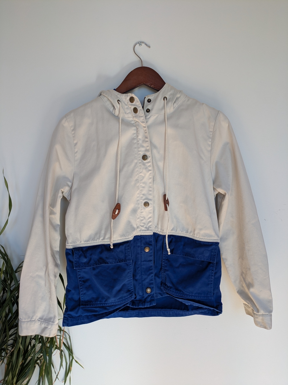 J.Crew Colorblock Canvas Hooded Utility Jacket Cream Blue XS